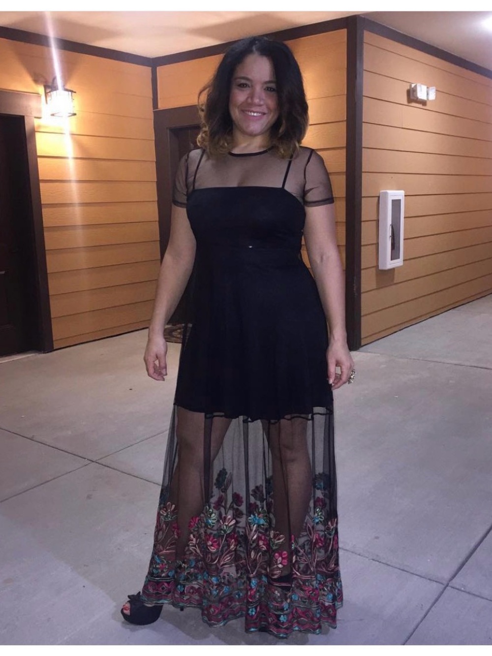 Forever 21 Black Sheer Maxi Dress with Multicolor Floral Embroidery